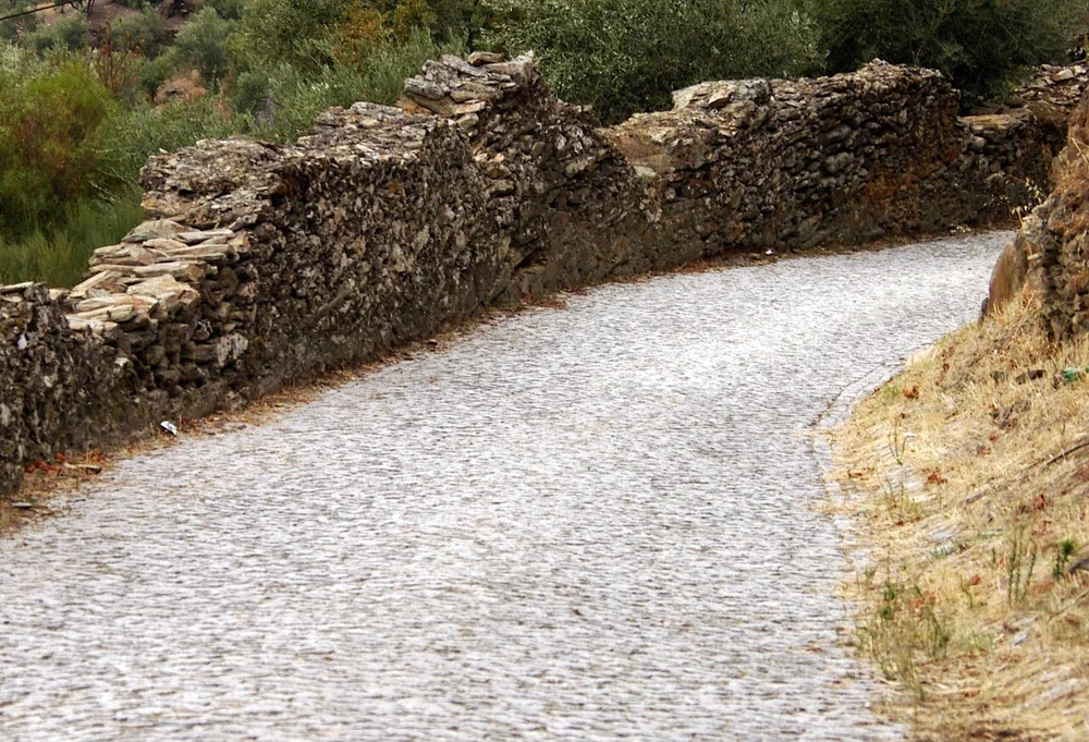 Curva de uma estrada com muro de pedra no vale do Douro