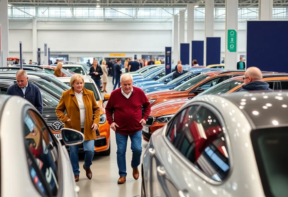 Jasna hala targów motoryzacyjnych z rzędami samochodów i zwiedzającymi