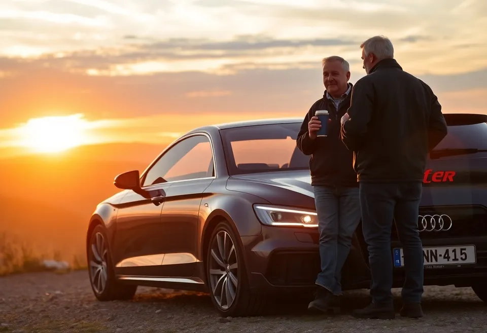 Postój na punkcie widokowym w górach, auto przy barierce